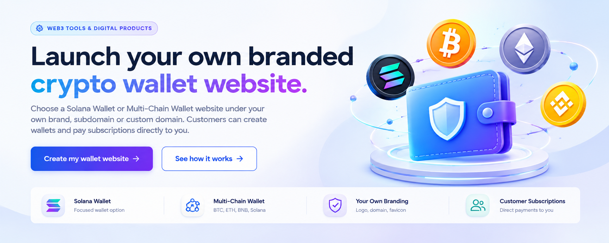 Launch your own branded crypto wallet website with Solana and Multi-Chain wallet tools