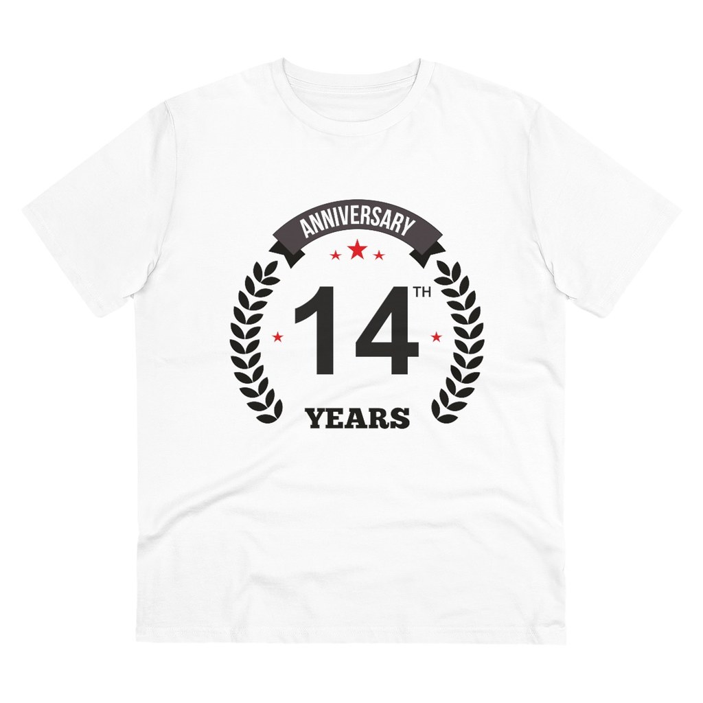 Men's PC Cotton 14th Anniversary Printed T Shirt (Color: White, Thread Count: 180GSM)