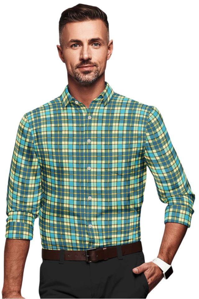 Men's Cotton Blended Checked Full Sleeve Shirt (Green-Yellow)