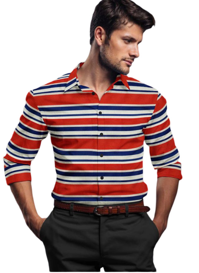 Men's Cotton Blended Striped Full Sleeve Shirt (Red-Blue)