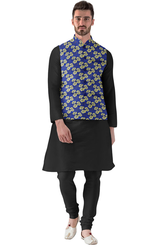 Men's Jacquard Printed Full Sleeve Waistcoat (Blue)