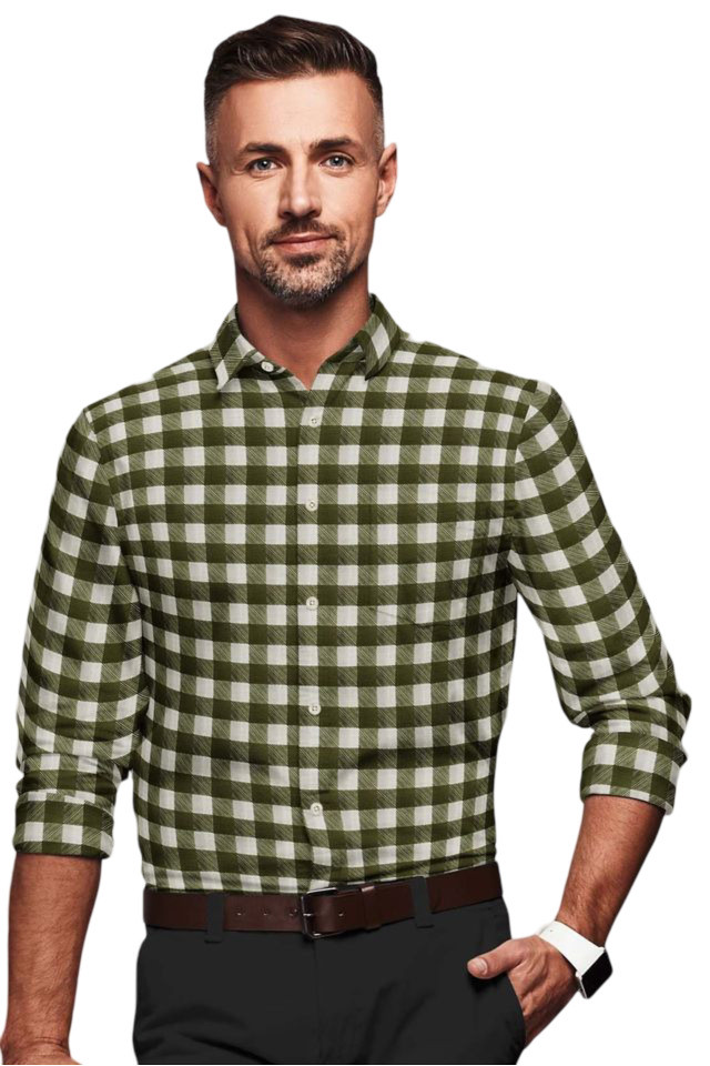 Men's Cotton Blended Checked Full Sleeve Shirt (White-Green)