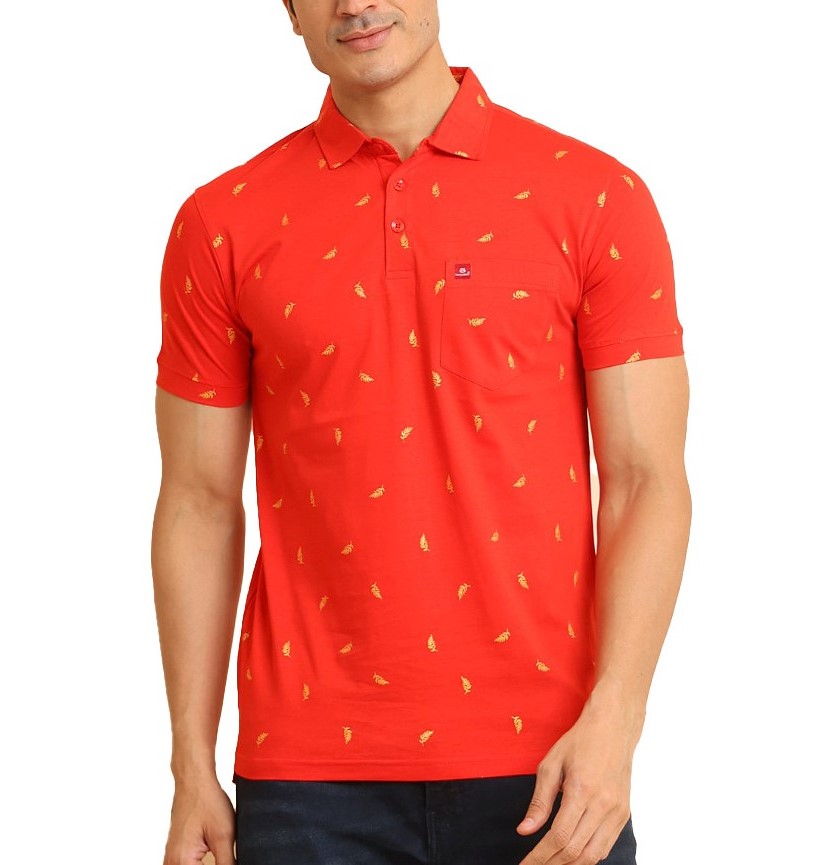 Men's Casual Cotton Printed Polo Neck Half Sleeve T-Shirt (Red)