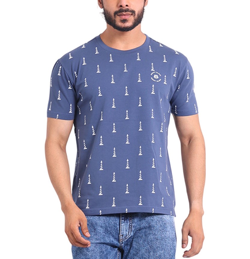 Men's Casual Cotton Printed Round Neck Half Sleeve T-Shirt (Blue)