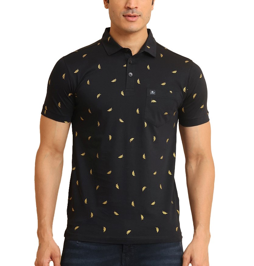 Men's Casual Cotton Printed Polo Neck Half Sleeve T-Shirt (Black)