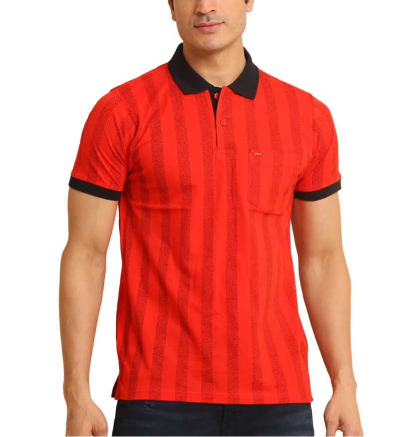 Men's Casual Cotton Printed Polo Neck Half Sleeve T-Shirt (Red)