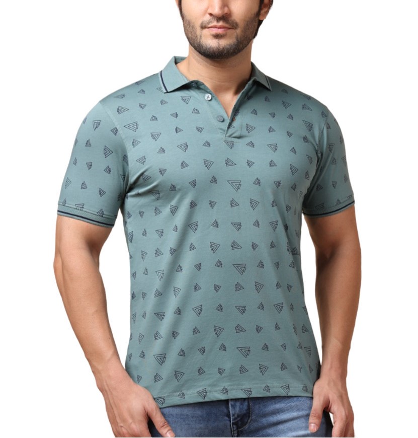 Men's Casual Cotton Printed Polo Neck Half Sleeve T-Shirt (Grey)