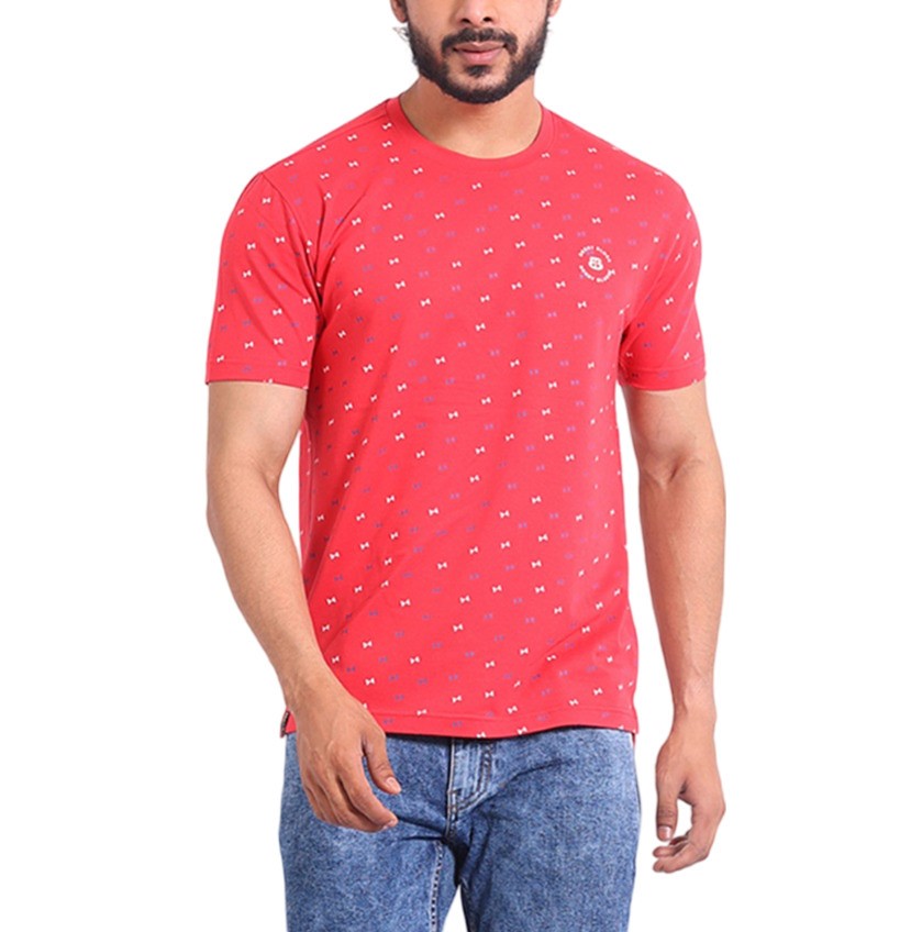 Men's Casual Cotton Printed Round Neck Half Sleeve T-Shirt (Red)