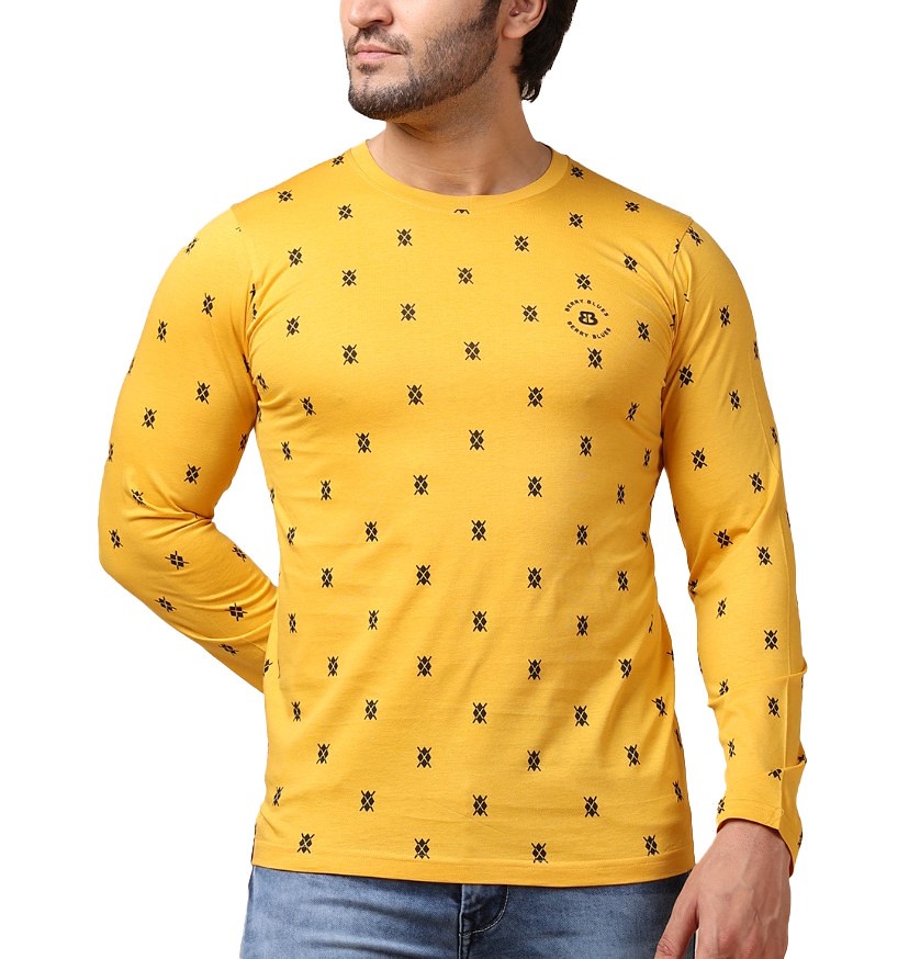 Men's Casual Cotton Printed Round Neck Full Sleeve T-Shirt (Mustard)