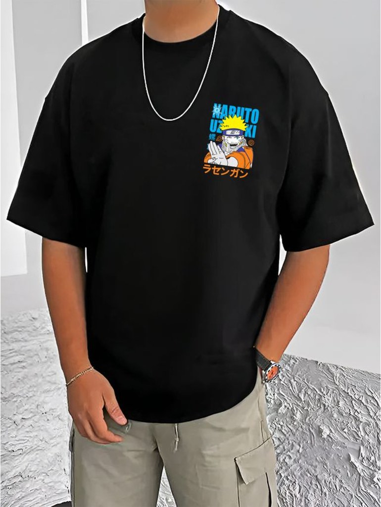 Men's Casual Cotton Blend Printed Round Neck Half Sleeve T-Shirt (Black)