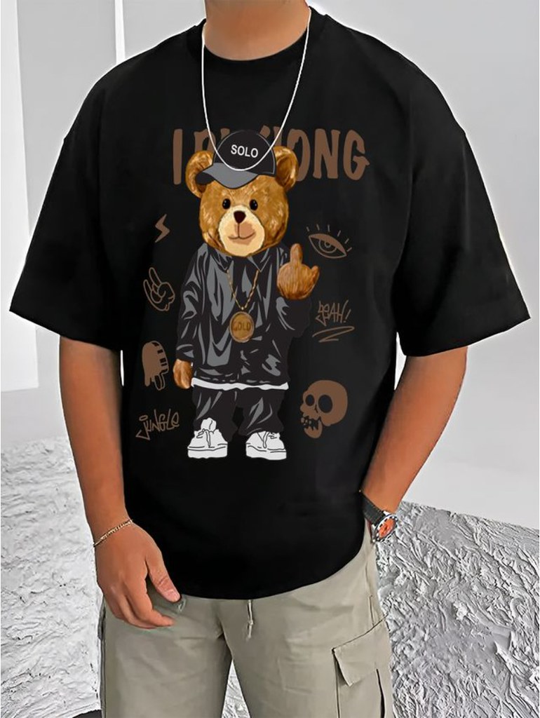 Men's Casual Cotton Blend Printed Round Neck Half Sleeve T-Shirt (Black)