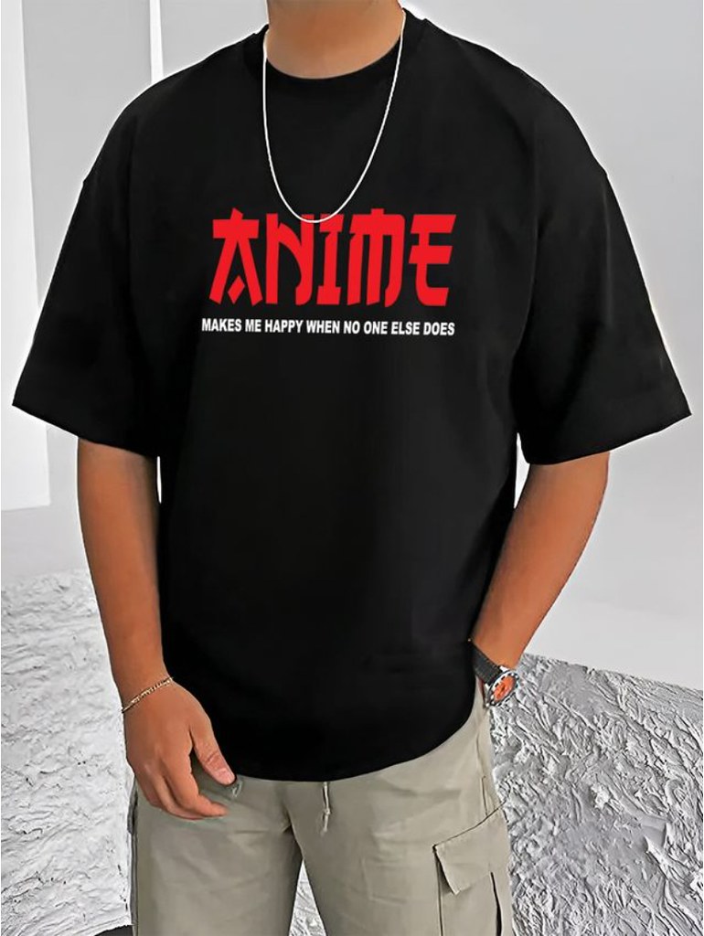 Men's Casual Cotton Blend Printed Round Neck Half Sleeve T-Shirt (Black)