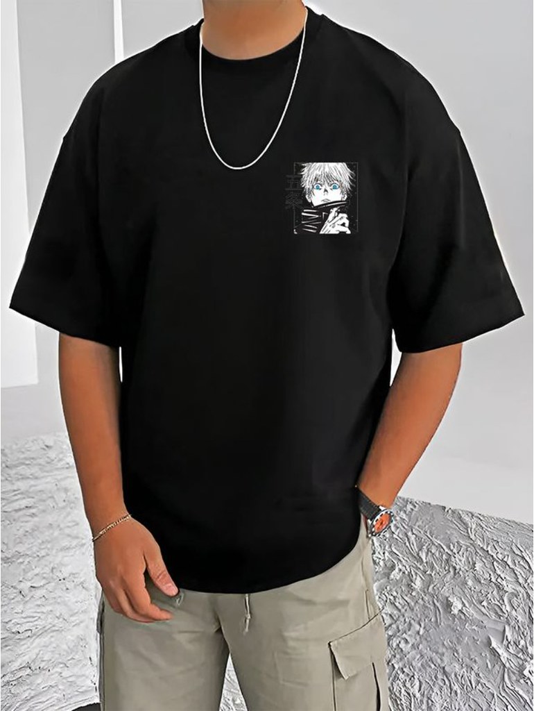 Men's Casual Cotton Blend Printed Round Neck Half Sleeve T-Shirt (Black)