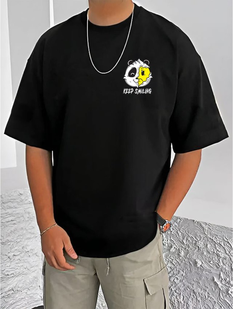 Men's Casual Cotton Blend Printed Round Neck Half Sleeve T-Shirt (Black)