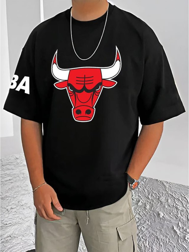 Men's Casual Cotton Blend Printed Round Neck Half Sleeve T-Shirt (Black)