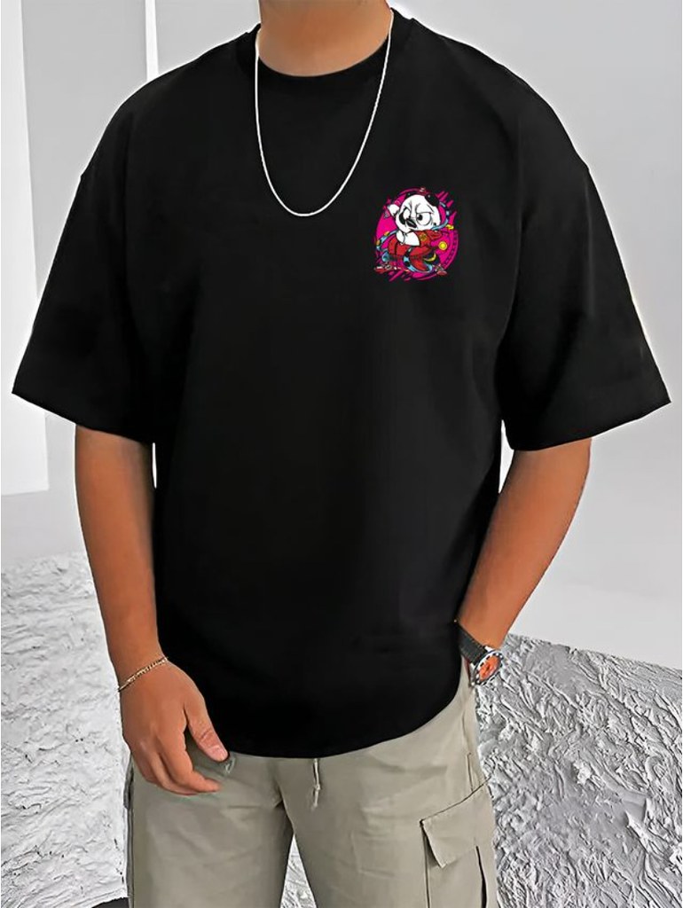 Men's Casual Cotton Blend Printed Round Neck Half Sleeve T-Shirt (Black)