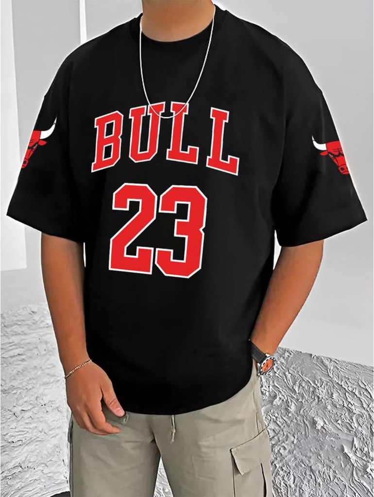 Men's Casual Cotton Blend Printed Round Neck Half Sleeve T-Shirt (Black)