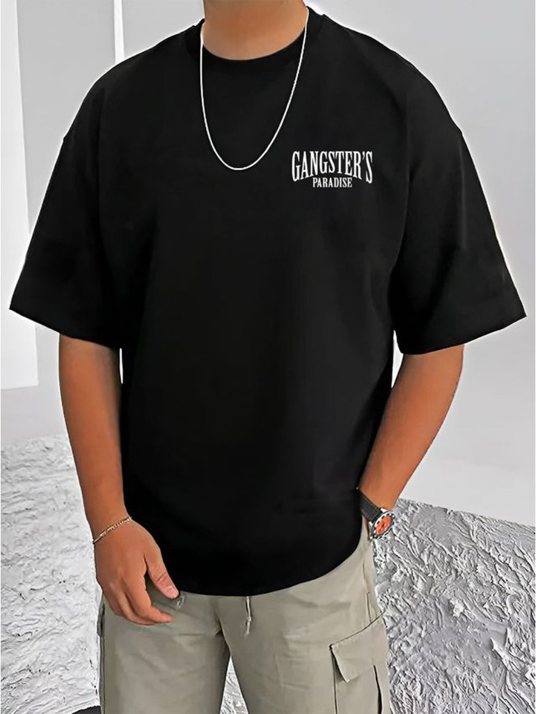 Men's Casual Cotton Blend Printed Round Neck Half Sleeve T-Shirt (Black)