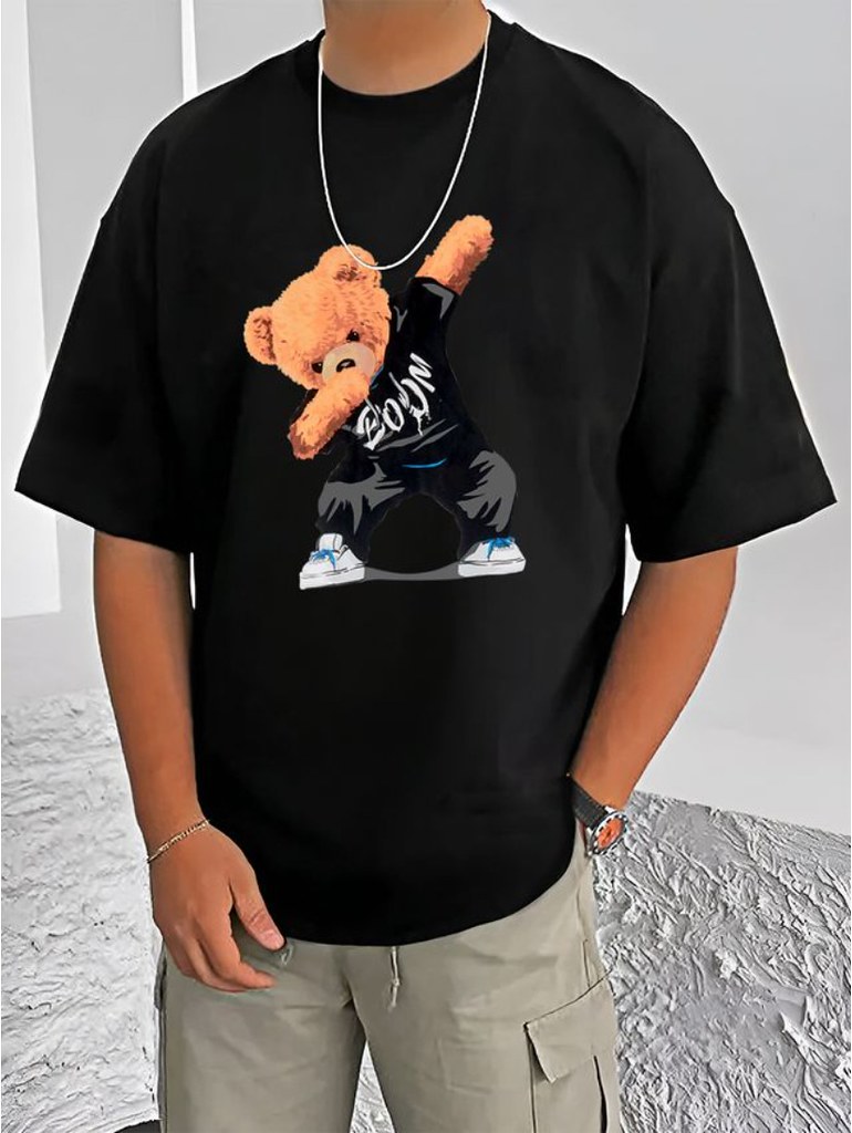 Men's Casual Cotton Blend Printed Round Neck Half Sleeve T-Shirt (Black)