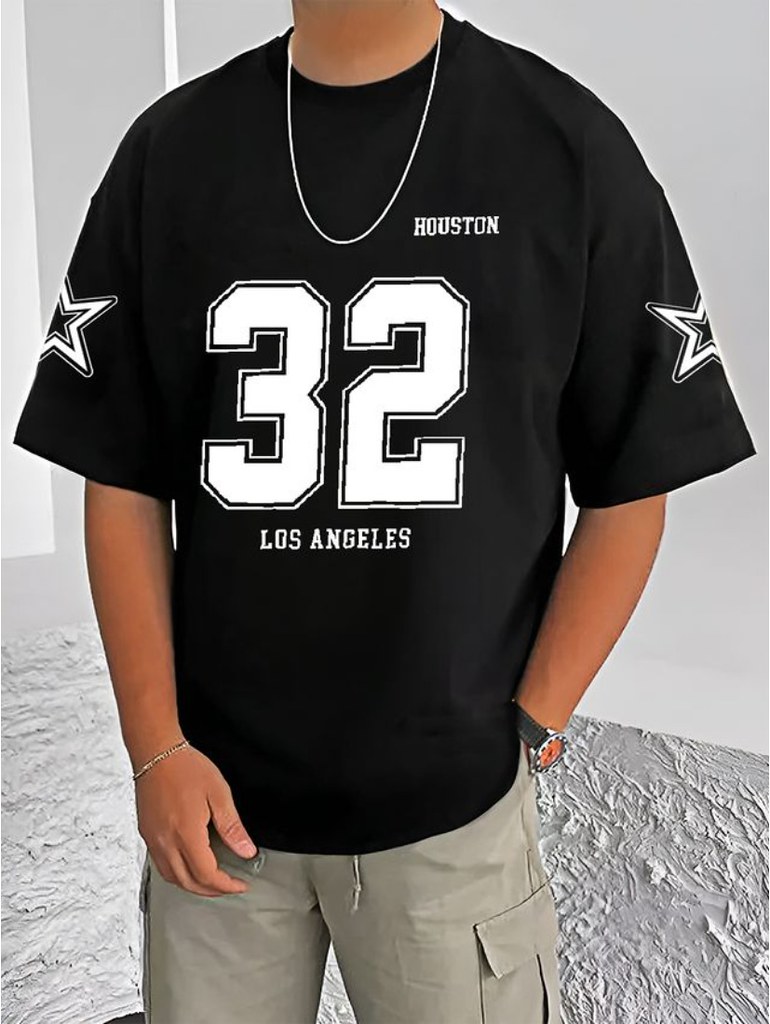 Men's Casual Cotton Blend Printed Round Neck Half Sleeve T-Shirt (Black)