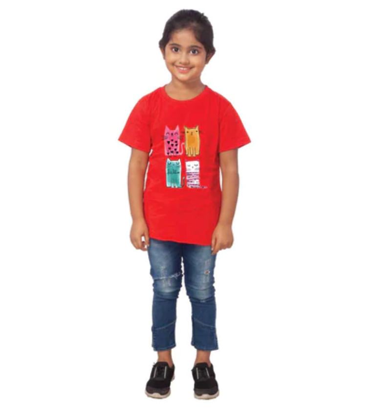 Girls Cotton Cat Half Sleeve TShirt (Red)