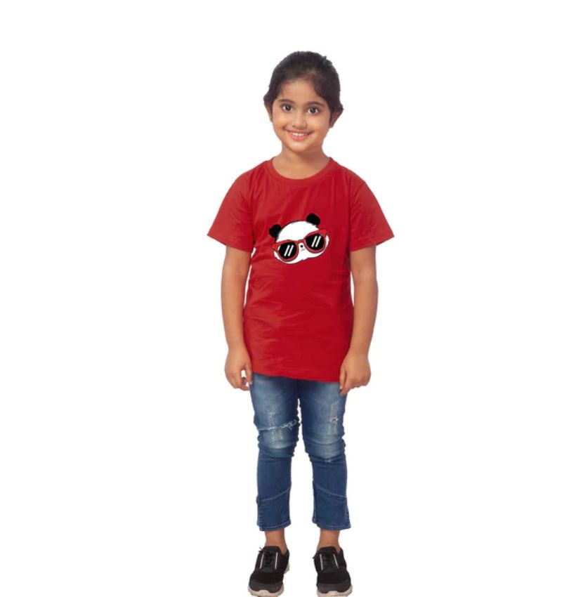 Girls Cotton Panda Glass Half Sleeve TShirt (Maroon)