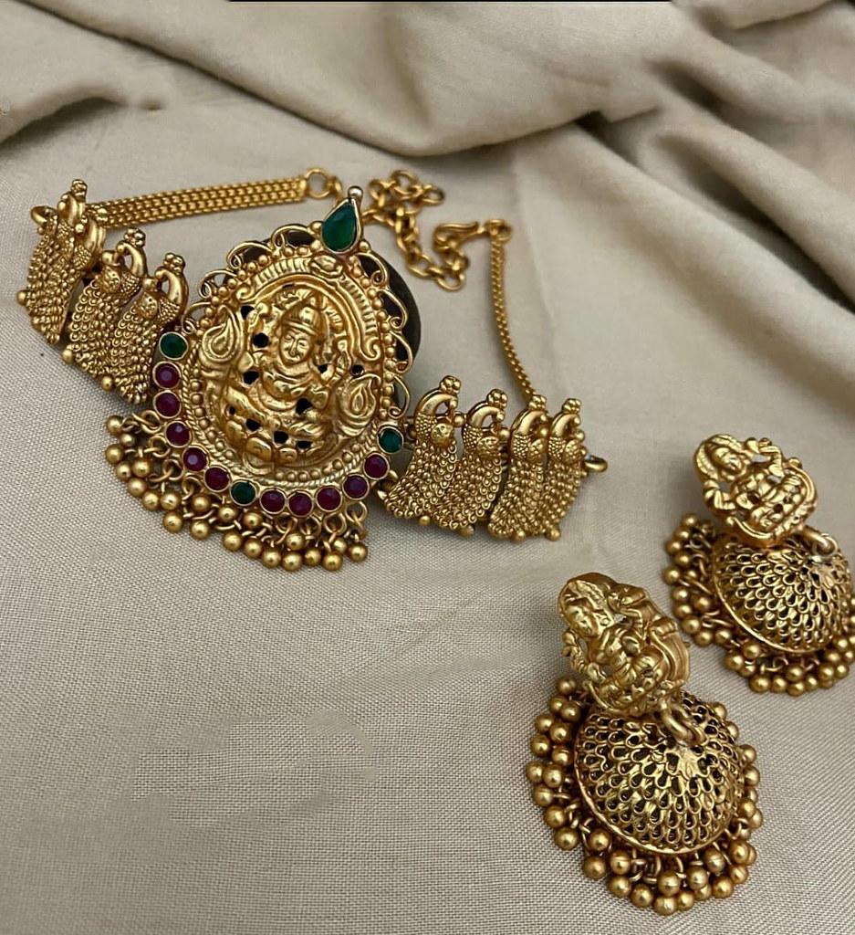 Women's Traditional Temple Necklace and Earrings Set in Gold (Multi Color, Free Size)