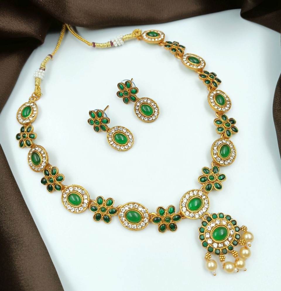 Women's Temple Elegance Gold Plated Necklace and Earrings Set (Green, Free Size)