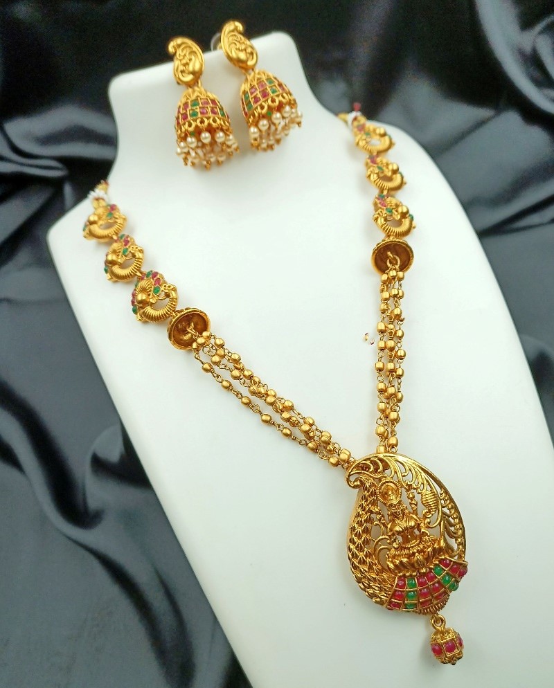 Women's Traditional Temple Necklace and Earrings Set in Gold (Multi Color, Free Size)
