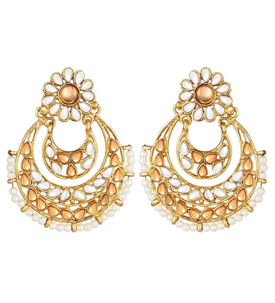 Women's Rose Gold Plated Alloy Kundan Earrings &amp; Mangtikka (White &amp; Gold)
