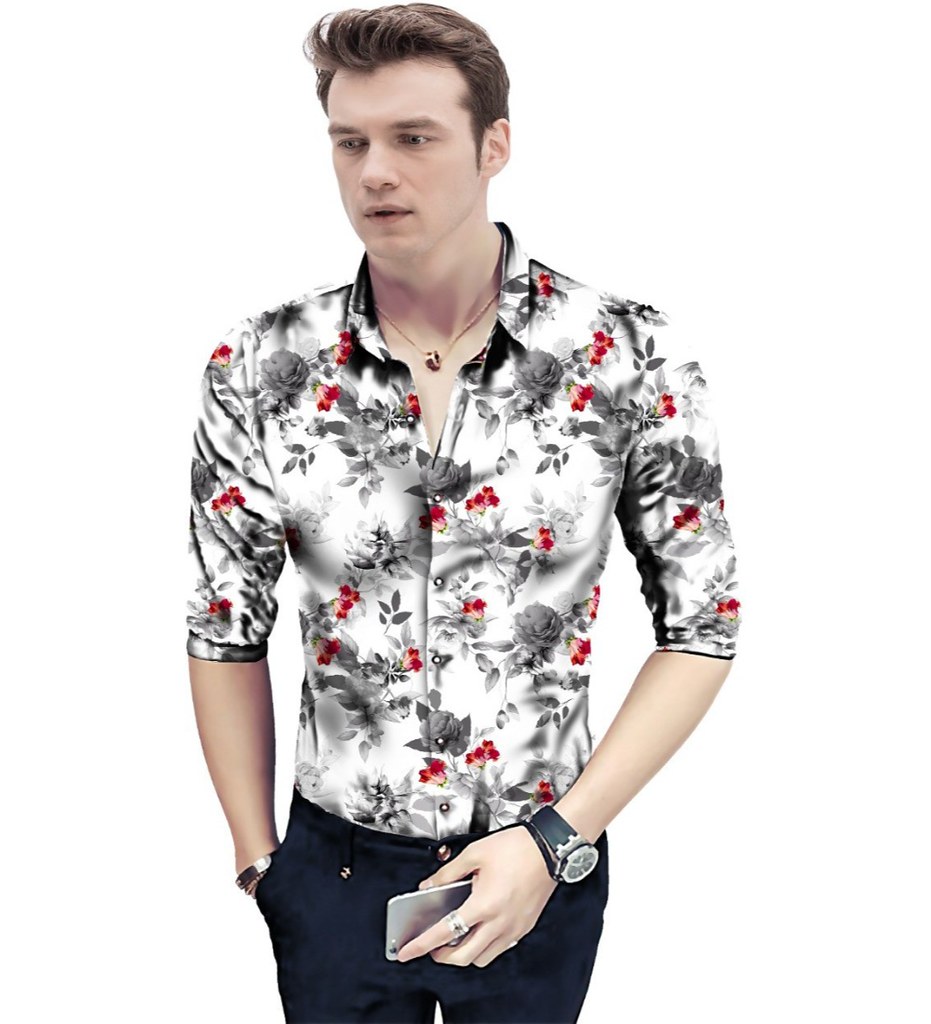 Men's Casual Floral Printed Cotton Blend Unstitched Shirt Fabric 1.6 Mtrs (Red-White)
