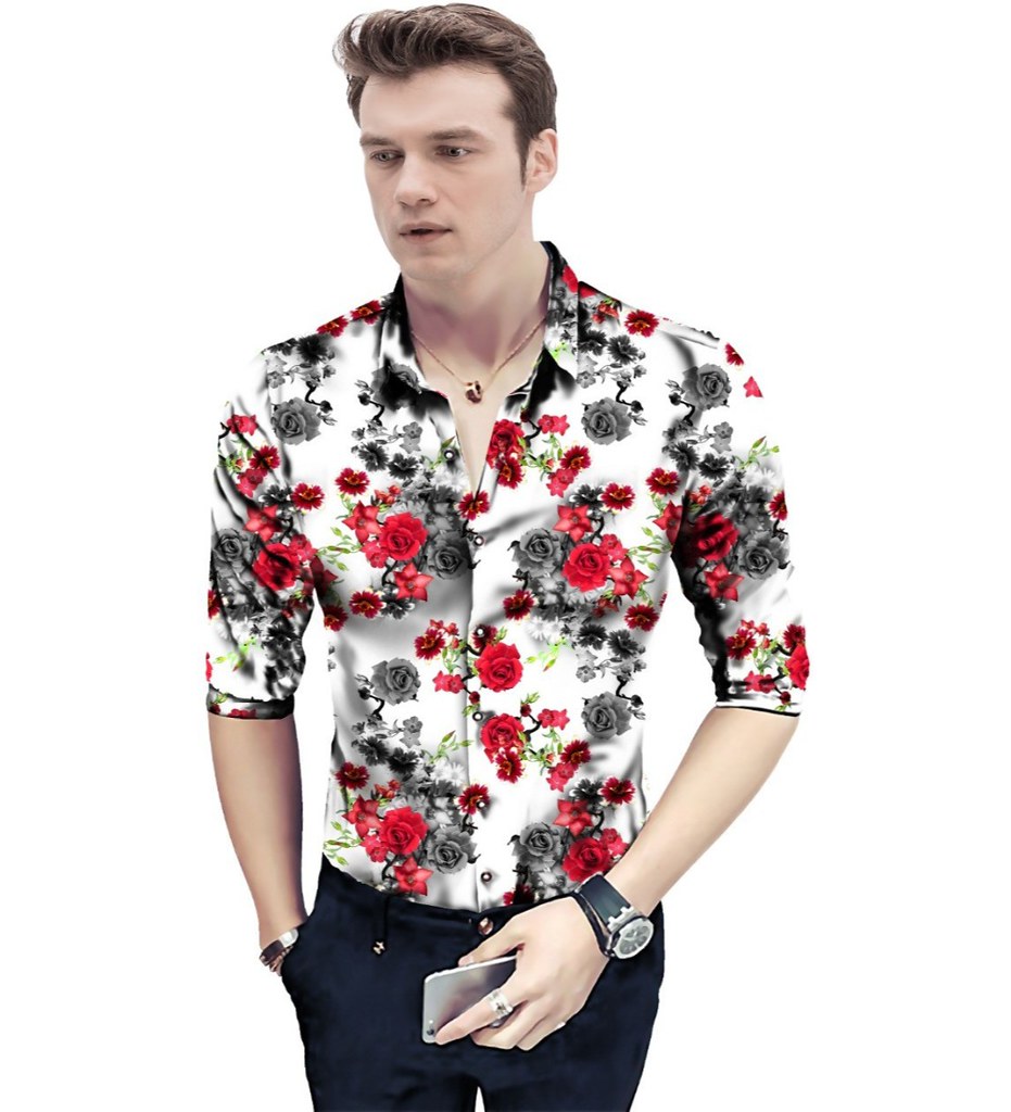 Men's Casual Floral Printed Cotton Blend Unstitched Shirt Fabric 1.6 Mtrs (Red)