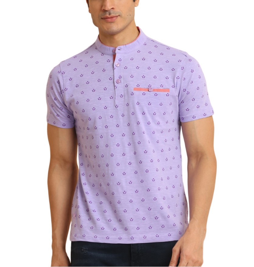 Men's Casual Cotton Printed Mandarin Collar Half Sleeve T-Shirt (Lavender)