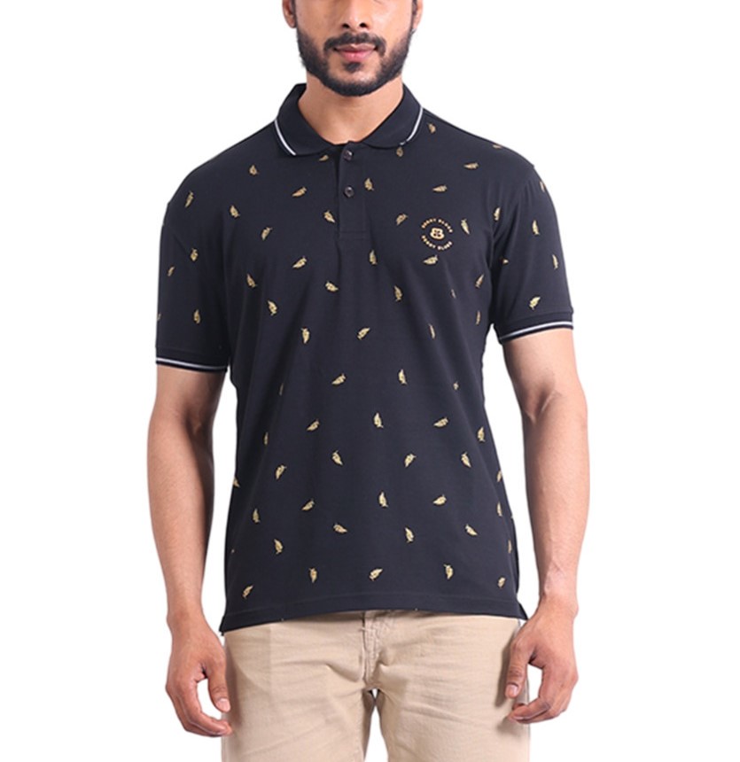 Men's Casual Cotton Printed Polo Neck Half Sleeve T-Shirt (Black)
