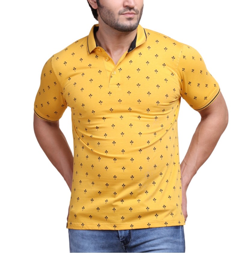 Men's Casual Cotton Printed Polo Neck Half Sleeve T-Shirt (Mustard)