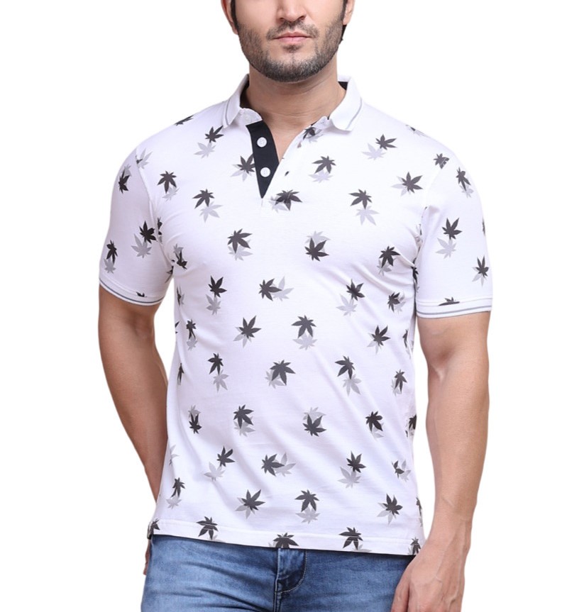 Men's Casual Cotton Printed Polo Neck Half Sleeve T-Shirt (White)