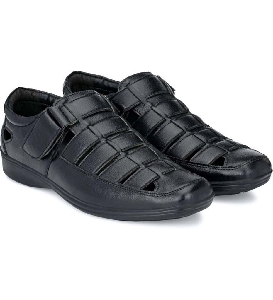 Men's Casual Faux Leather Solid Velcro Sandal (Black)