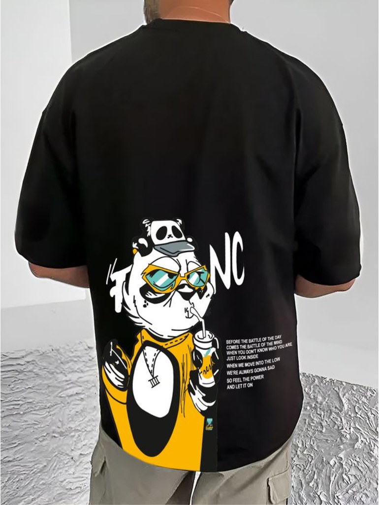 Men's Casual Cotton Blend Printed Round Neck Half Sleeve T-Shirt (Black)