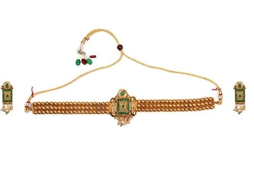 Women's Elegent And Modern Gold Plated Chowker Set (Green, Free Size)