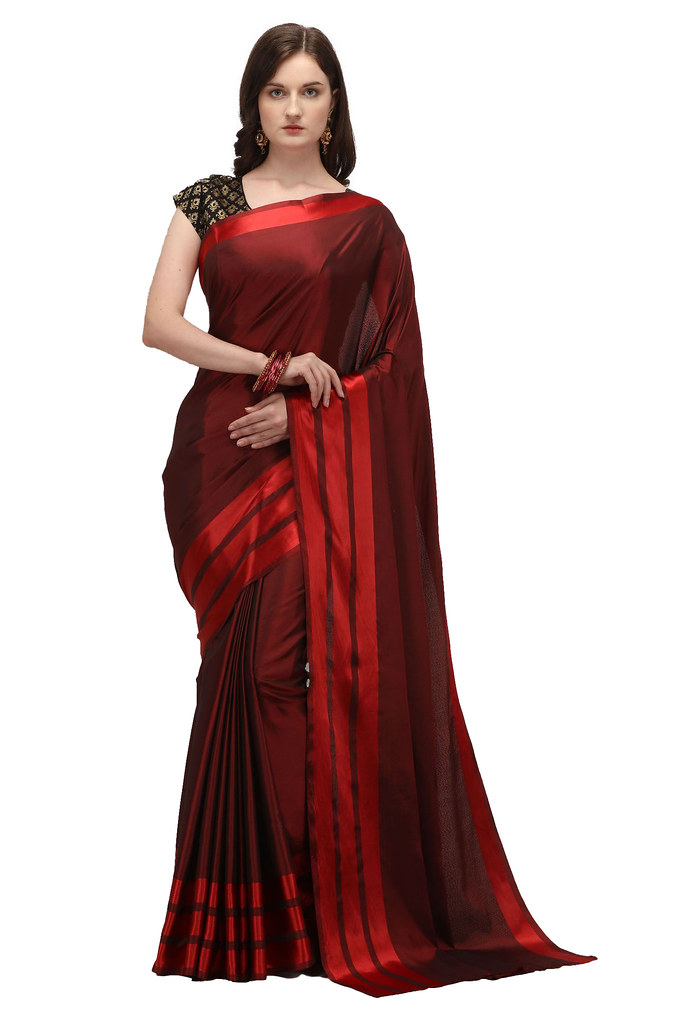 Women's Satin Silk Saree with Blouse (Red, 5-6 Mtrs)