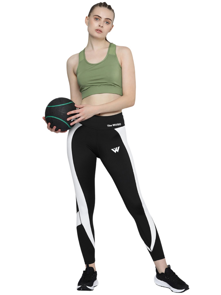 Women's Polyster Solid Sport Leggings (Black &amp; White)