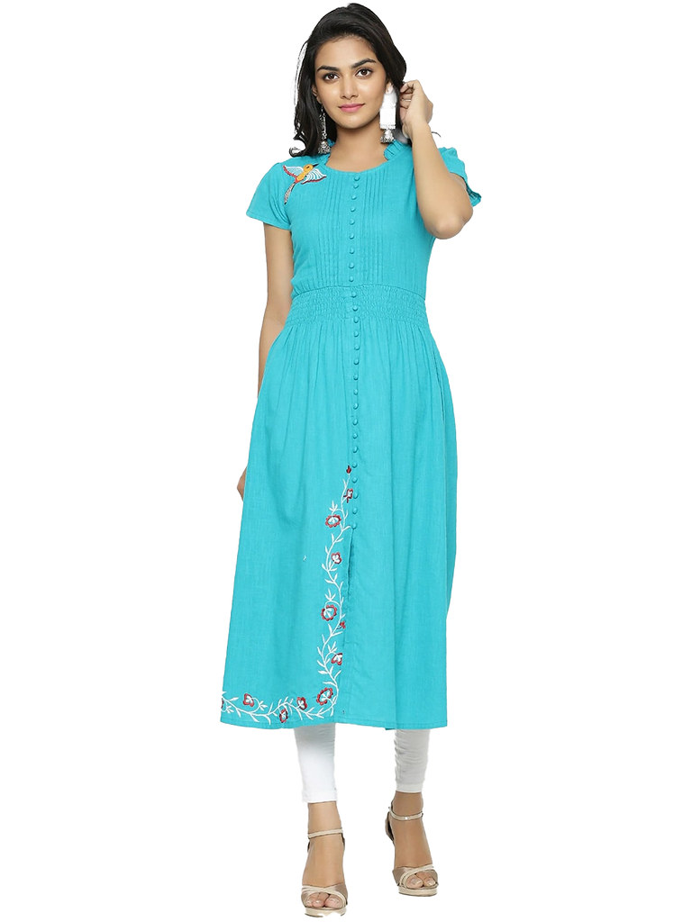 Women's Casual Short Sleeve Embroidery Cotton Slub Kurti (Torque Green)