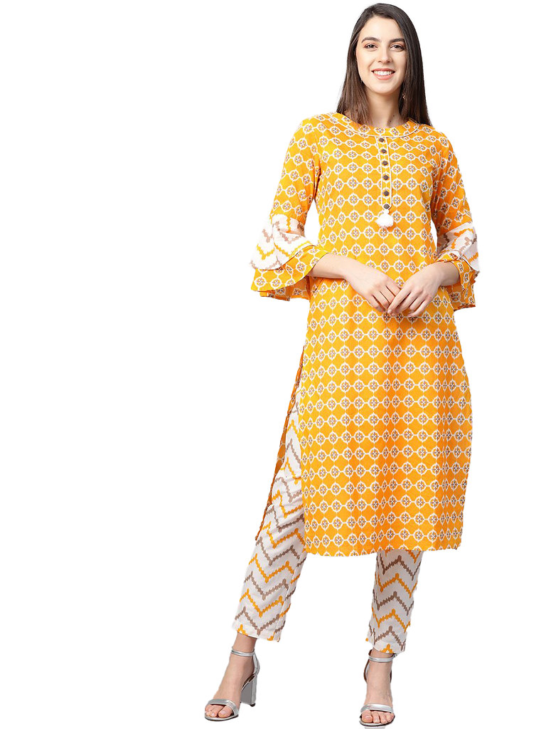 Women's Casual 3/4 th Sleeve Floral Printed Cotton Kurti Set (Mustard)