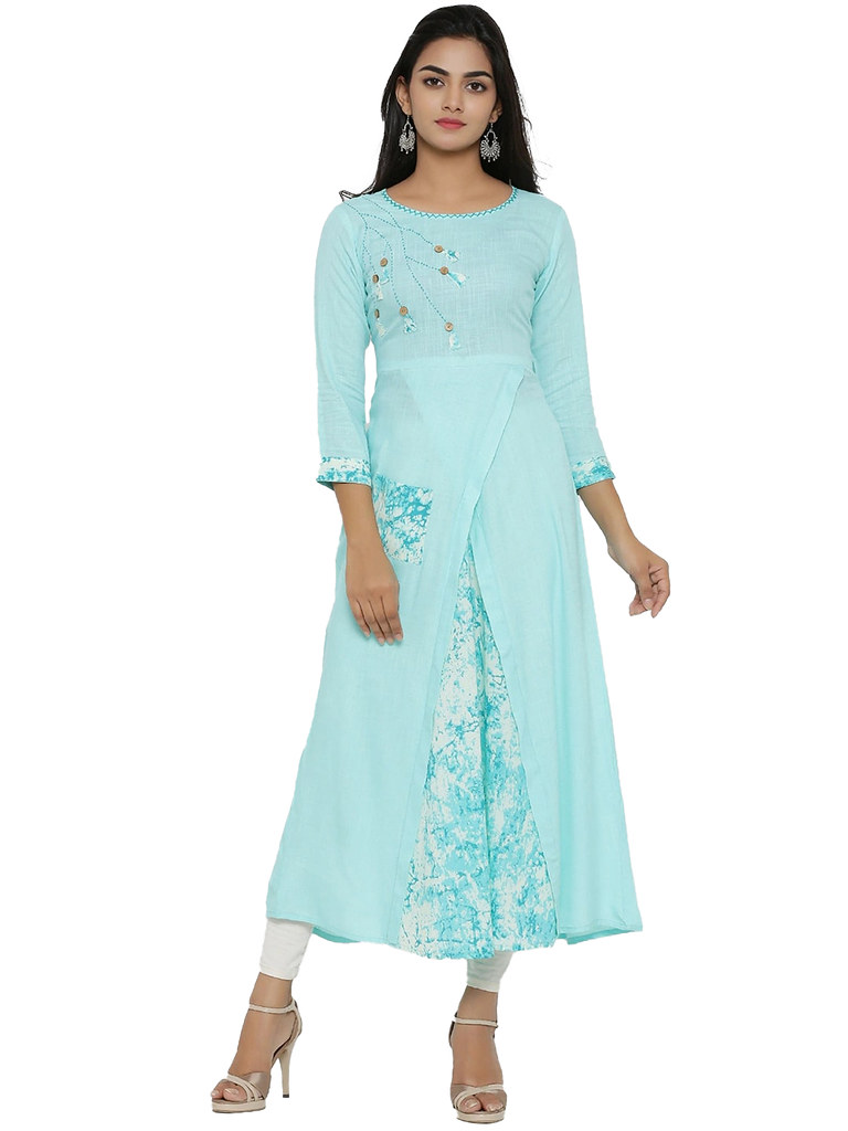 Women's Casual 3/4 th Sleeve Embroidery Rayon Kurti (Sky Blue)