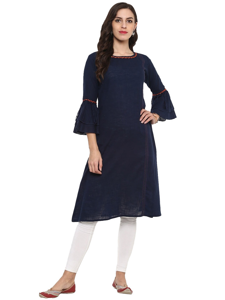 Women's Casual Bell Sleeves Solid Cotton Slub Kurti (Blue)