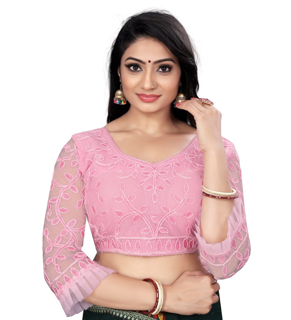 Women'sNylon Net Embroidery Readymade Blouse (Pink, Size: Free Size)