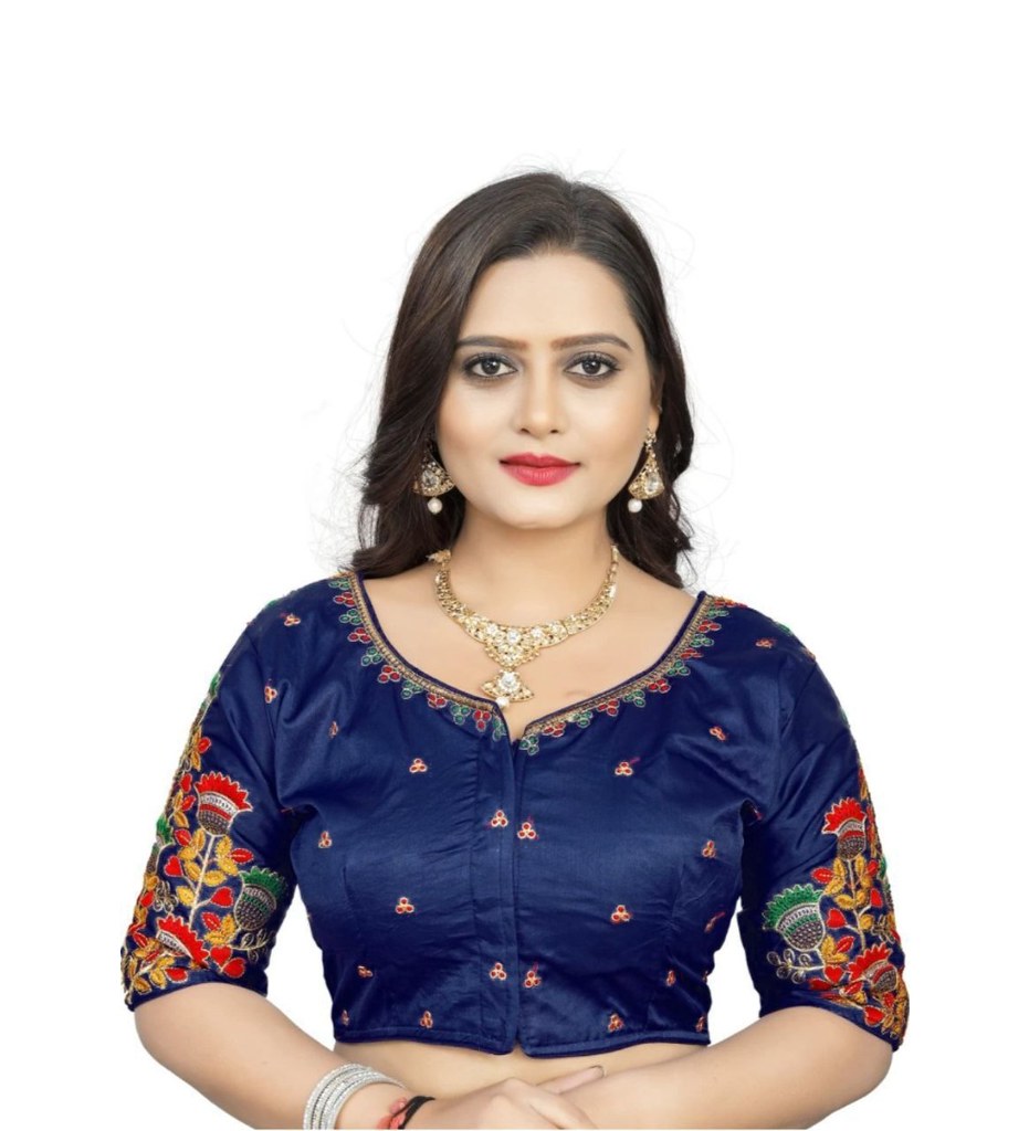Women'sMalai Silk Floral Readymade Blouse (Navy Blue, Size: Free Size)