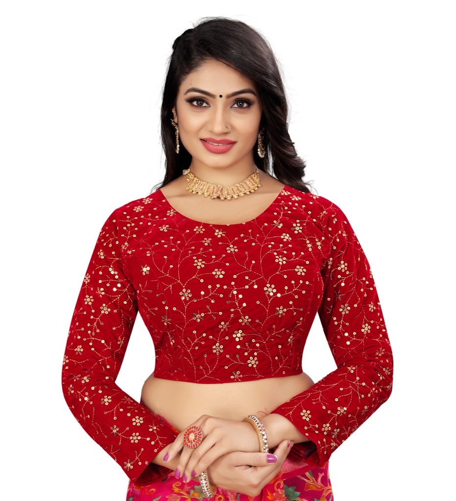 Women'sVelvet Embroidery Readymade Blouse (Red, Size: Free Size)