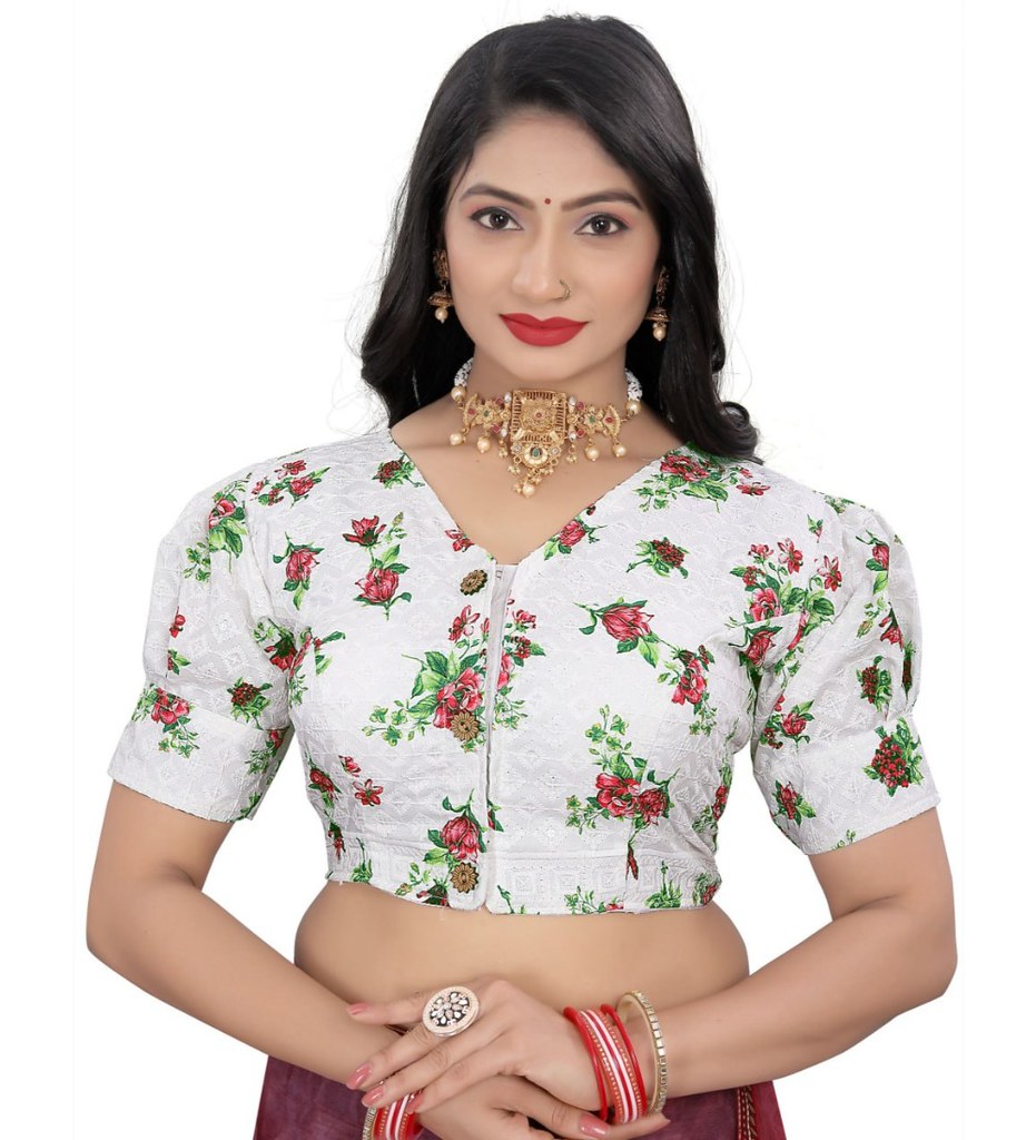 Women'sCotton Blend Floral Readymade Blouse (Green, Size: Free Size)