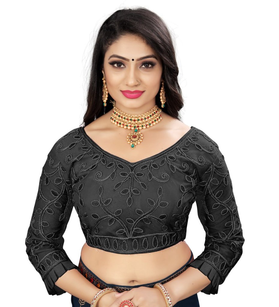 Women'sNylon Net Embroidery Readymade Blouse (Black, Size: Free Size)